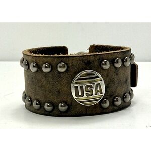 Wide Brown Leather Cuff Bracelet w/ USA Concho Silver Studs Snap Buckle Vintage